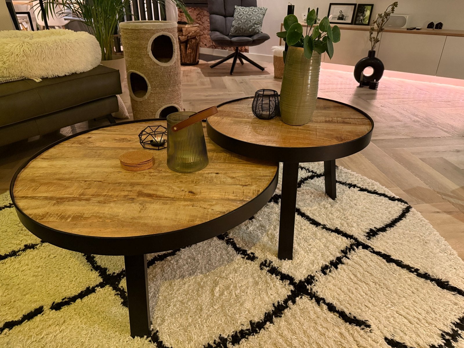 Industriële Salontafelset Mangohout & Zwart Metaal, Rond, Nieuw, Minder dan 50 cm, Overige houtsoorten