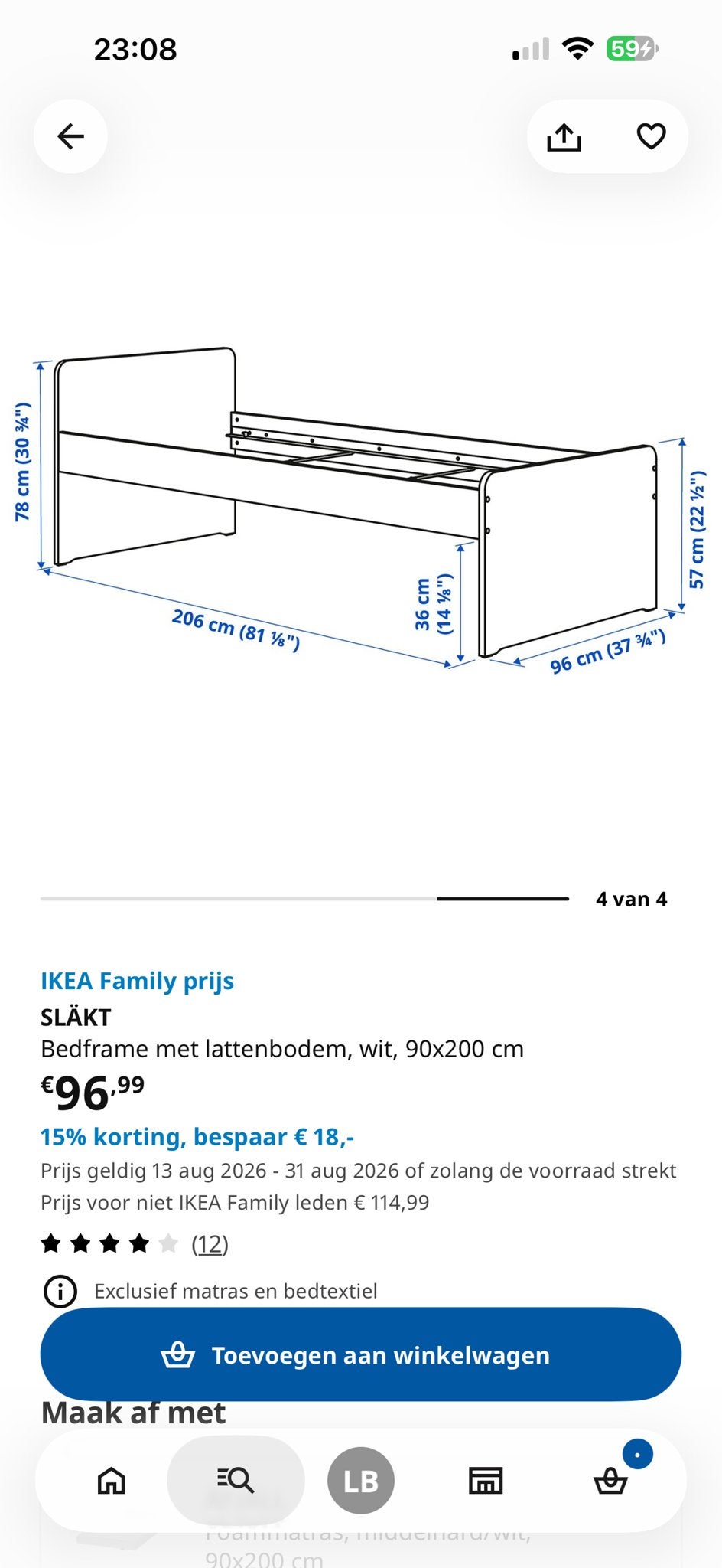 IKEA SLÄKT Bedframe met lattenbodem, wit, 90x200 cm, Ophalen, 85 tot 100 cm, Gebruikt, Lattenbodem