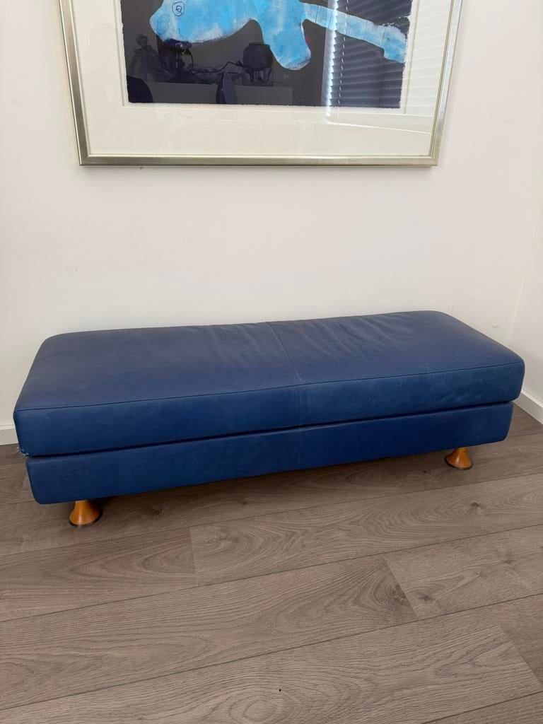 Bankje blauw leder, Ophalen, Gebruikt, Minder dan 75 cm, Design