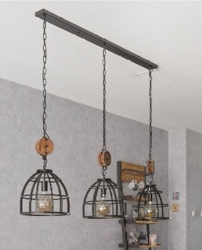 Industriële Hanglamp 3-lichts met kooikappen en katrollen, Huis en Inrichting, Ophalen, Nieuw, Industrieel, Vintage, Landelijk
