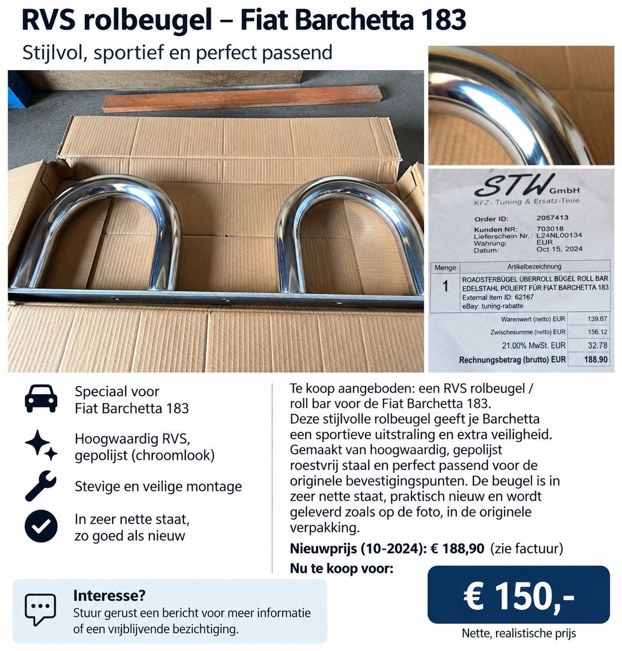 barchetta rolbeugel, Verzenden, Nieuw, Fiat, Bumper