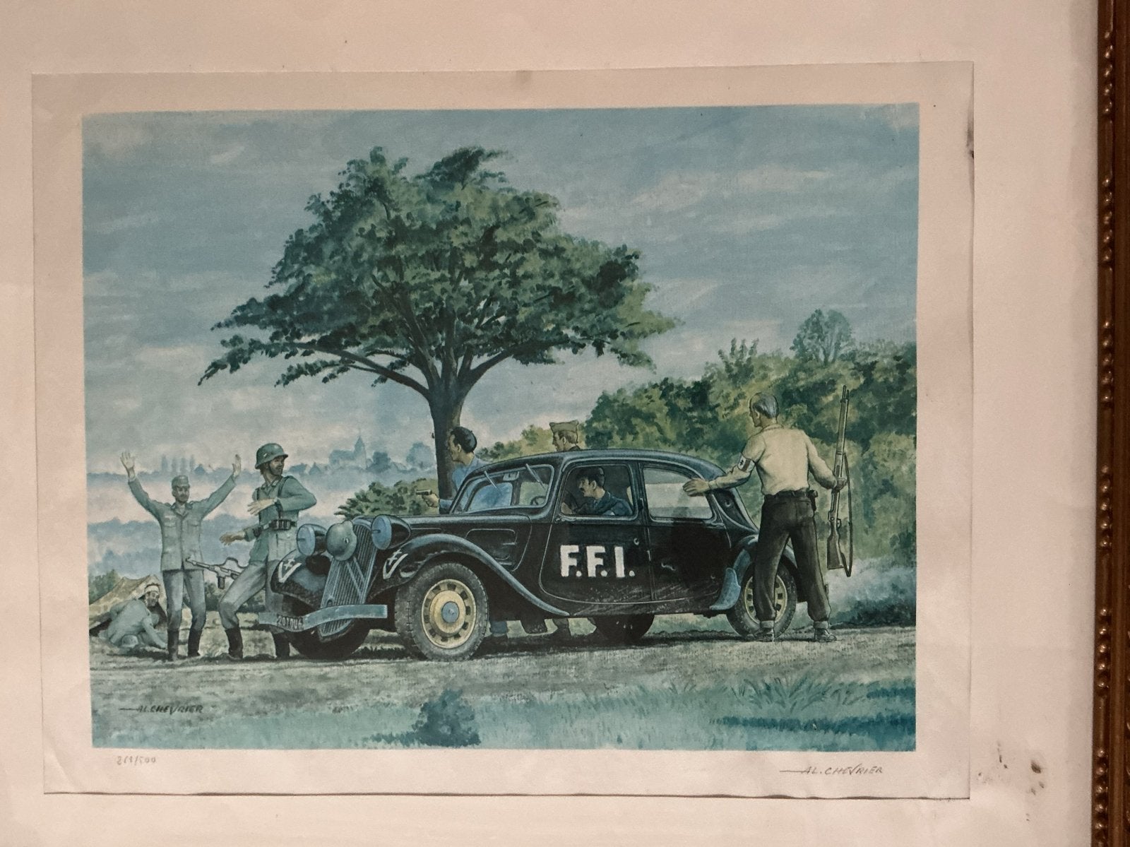 Al. Chevrier - F.F.I.-officieren met Citroën Traction Avant, Ophalen, Dagelijks leven, Genummerd, Lithografie