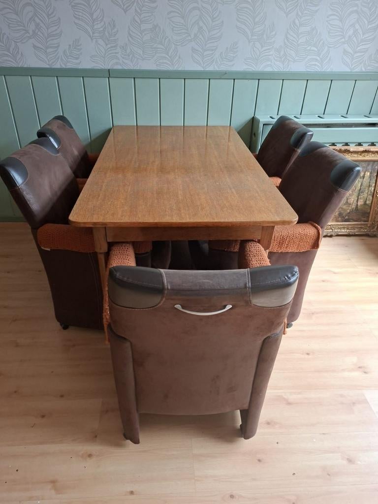 Eikenhouten eettafel met 5 stoelen, Ophalen, Gebruikt, 100 tot 150 cm, Klassiek