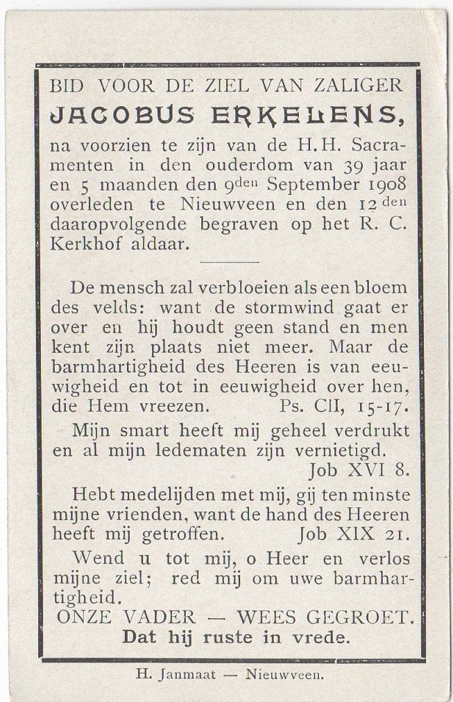 Jacobus Erkelens 1869 - 1908 Nieuwveen, 39 jaar oud, Verzamelen, Verzenden
