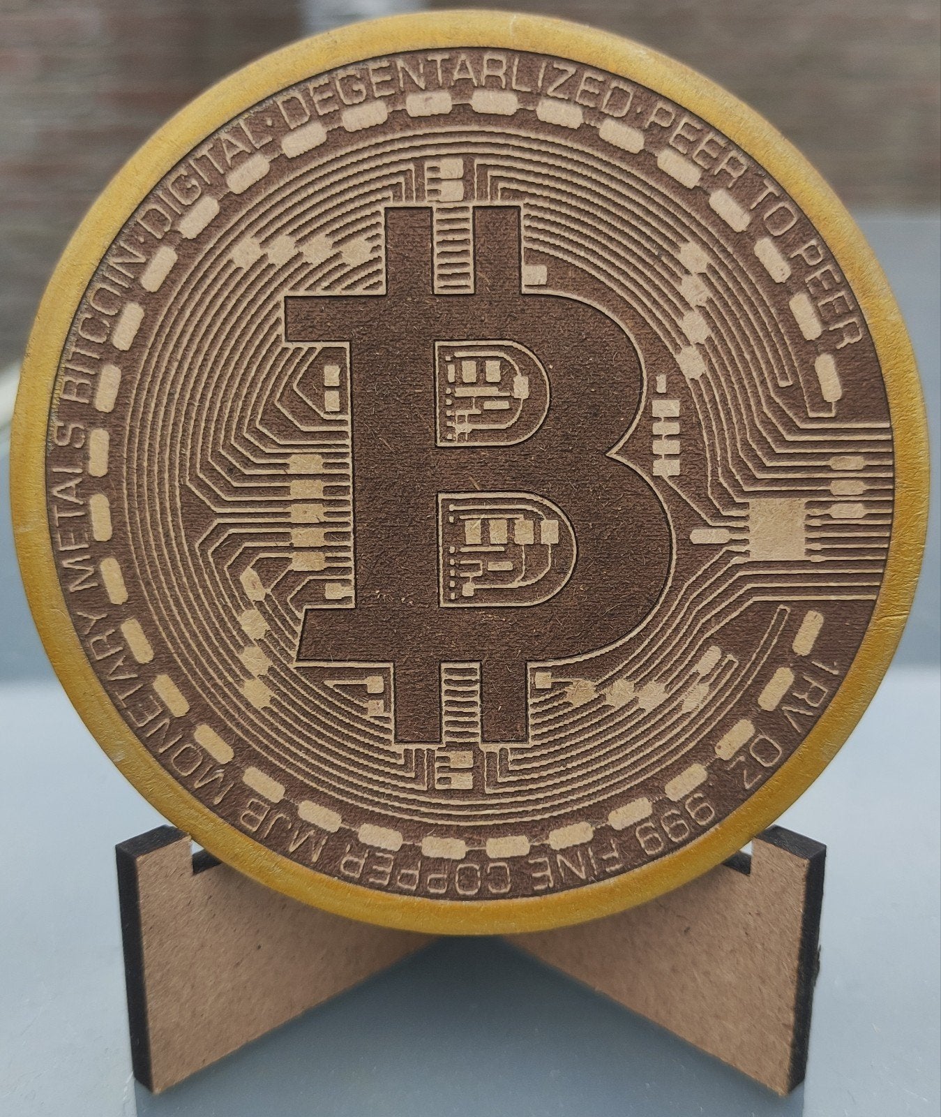 Laser Gegraveerde Bitcoin Decoratie, Hout – 10 cm Doorsnede., Overige typen, Overige onderwerpen, Minder dan 20 cm, Ophalen of Verzenden
