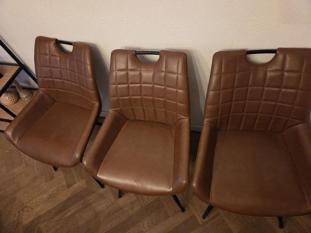 Set van 6 bruine lederen eetkamerstoelen, Gebruikt, Leer, Ophalen of Verzenden, Drie