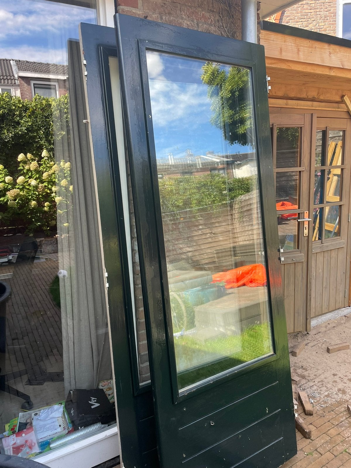 Hardhouten dubbele deuren met dubbel glas – 82,5  218 cm, Ophalen, Gebruikt, 200 tot 215 cm, Glas