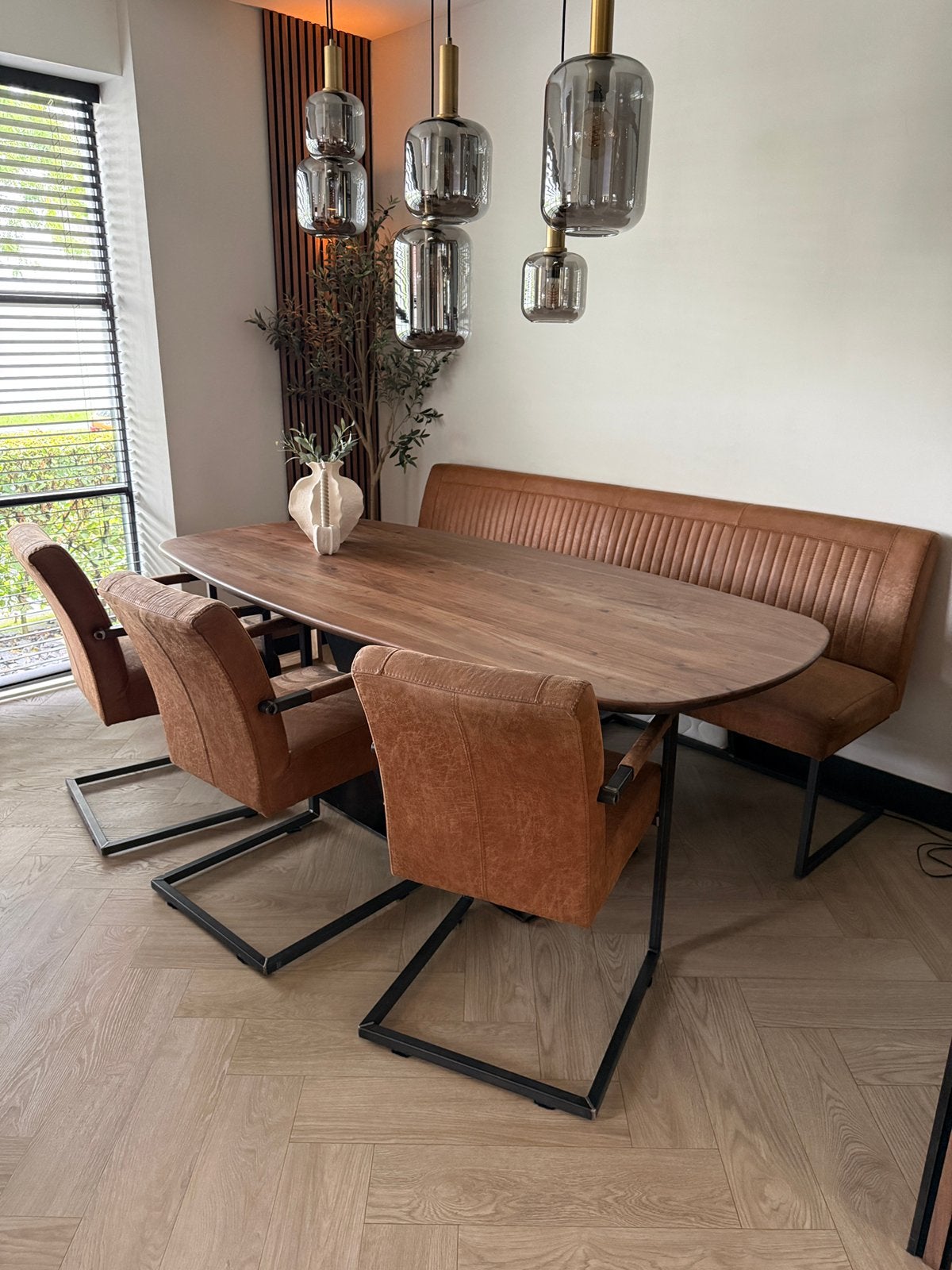 Eettafelbank en stoelen, Huis en Inrichting, Stoelen, Ophalen, Zo goed als nieuw, Metaal, Drie