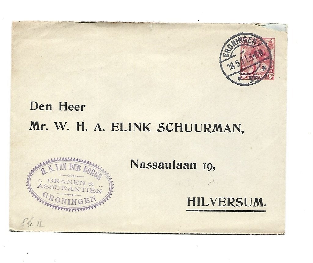 Groningen naar Hilversum -H.S.Van Der Borgh -1911, Verzenden, Envelop