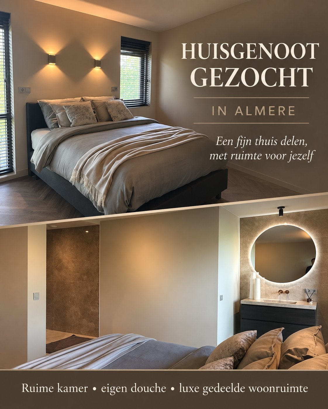Huisgenoot gezocht; Ruime kamer eigen douche in luxe woning
