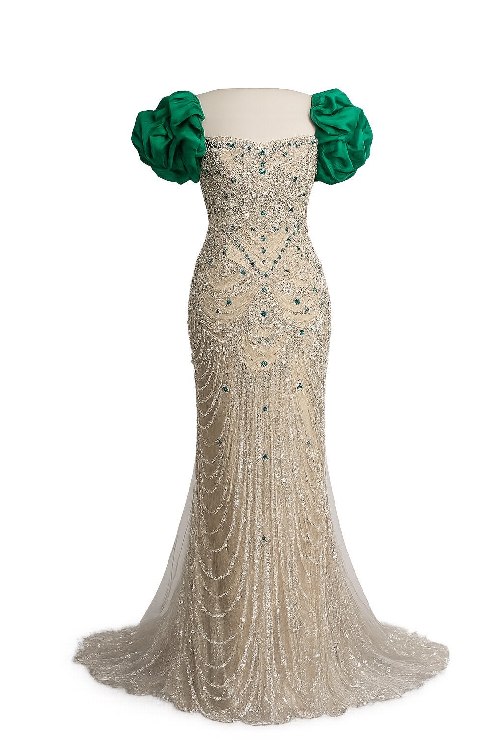 Betoverende huur Avondjurk met Kralen en Groene Mouwen, Verzenden, Beige, Zo goed als nieuw, Maat 34 (XS) of kleiner