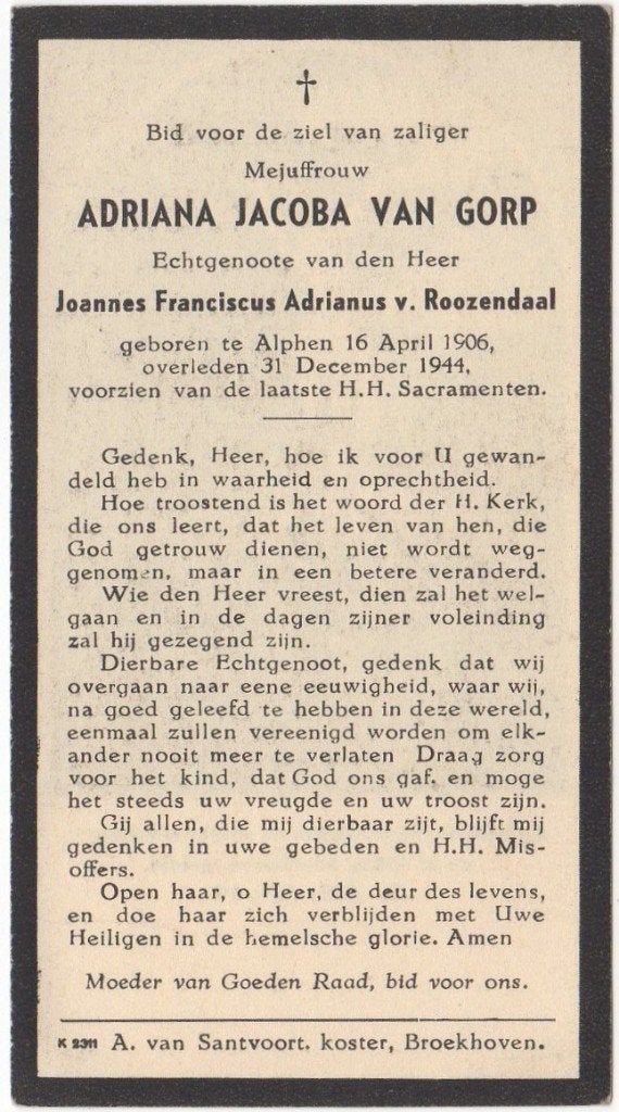 Adriana Jacoba van Gorp 1906 Alphen en Riel + 1944 Tilburg, Ophalen of Verzenden