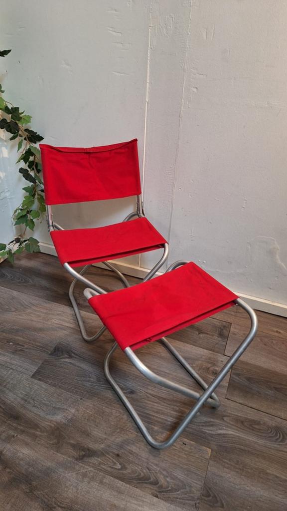 Vintage aluminium klapstoel met voetenbankje krukje vissers, Ophalen, Gebruikt, Campingstoel, Nvt