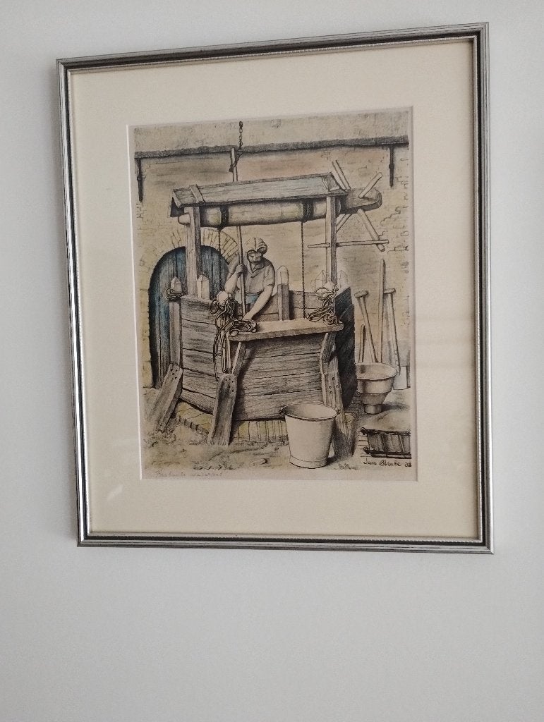 Jan Strube; litho; Brabantse waterput; 1952, Ophalen of Verzenden, Ingelijst, Landschappen, Lithografie