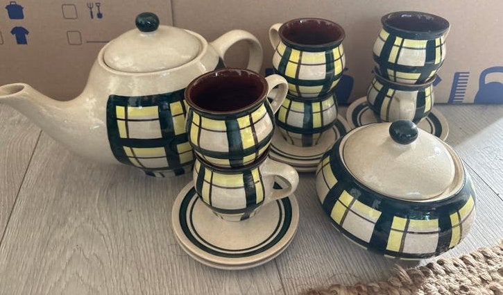 Vintage Ditmar Urbach Theeset - Blauw-Geel Ruitpatroon, Ophalen of Verzenden, Overige stijlen, Kop(pen) en/of Schotel(s)