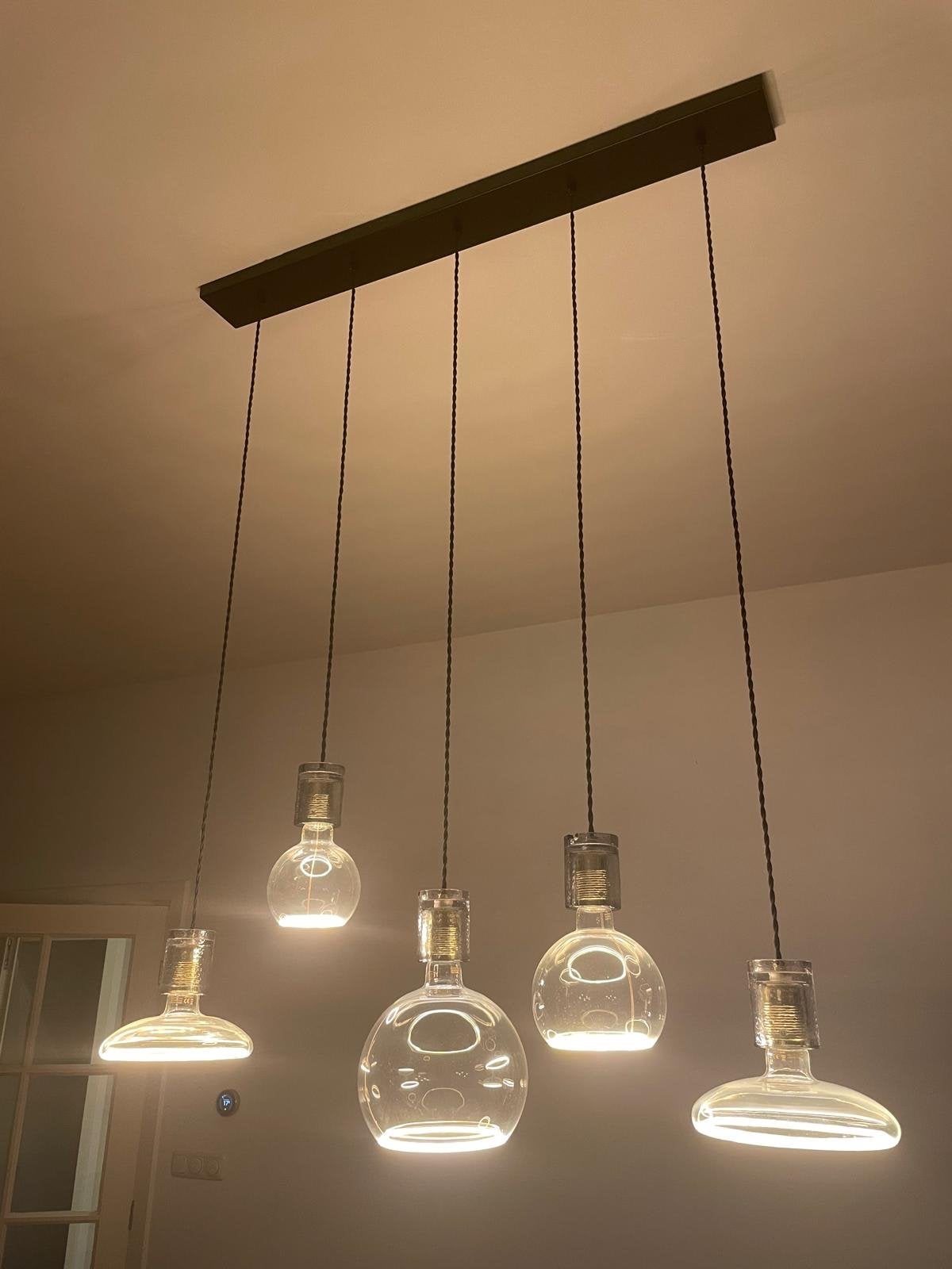 Moderne hanglamp met 5 globes (Gelka / segula globes), Ophalen, Zo goed als nieuw, Glas, E27 (groot)