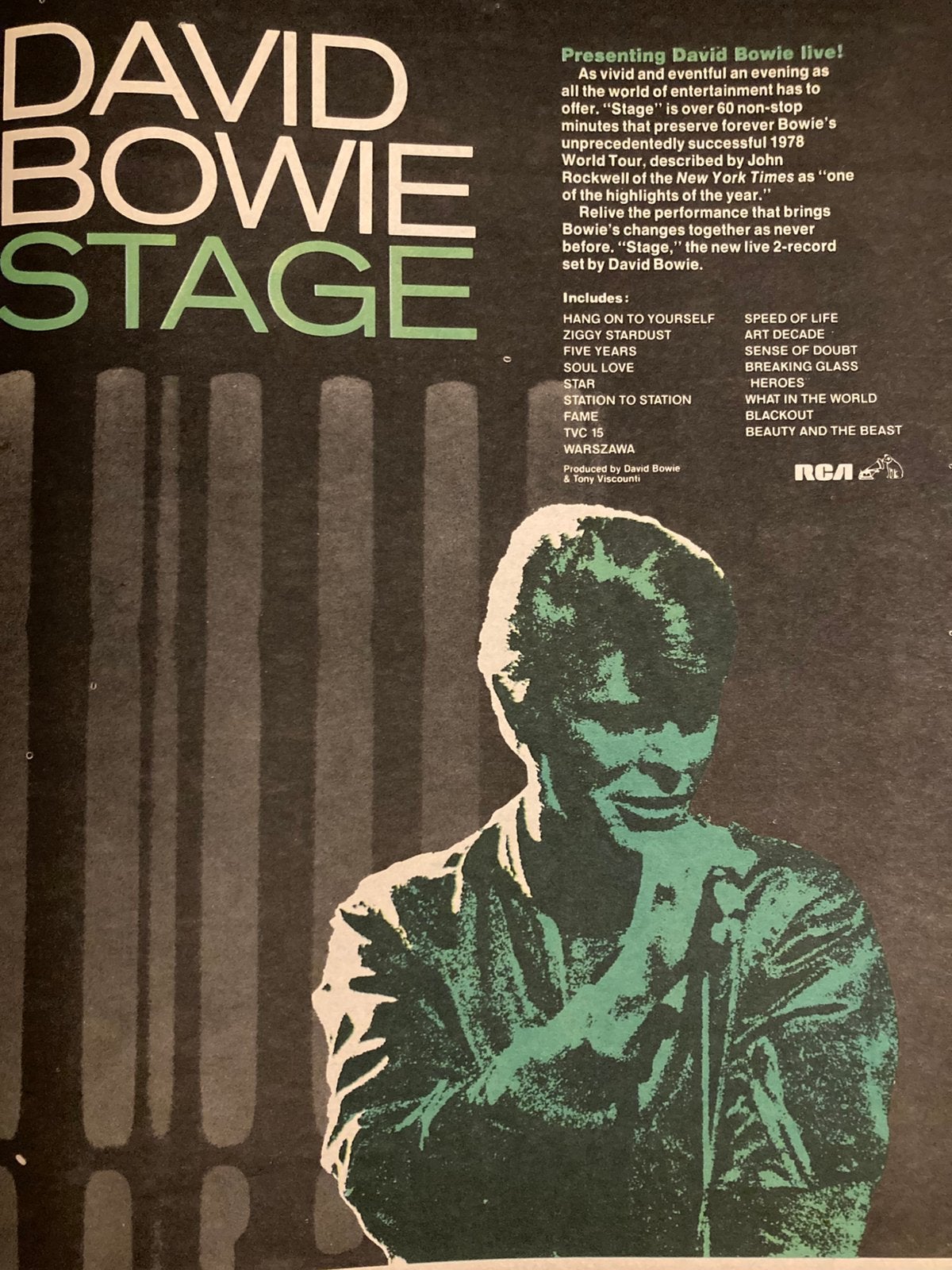 Paginagrote advertentie DAVID BOWIE Stage release, Verzamelen, Posters, Ophalen of Verzenden, Gebruikt