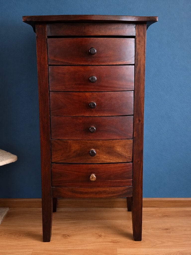 Vintage houten ladekast – 6 laden – donker hout, Ophalen, Gebruikt, 5 laden of meer, 100 tot 150 cm