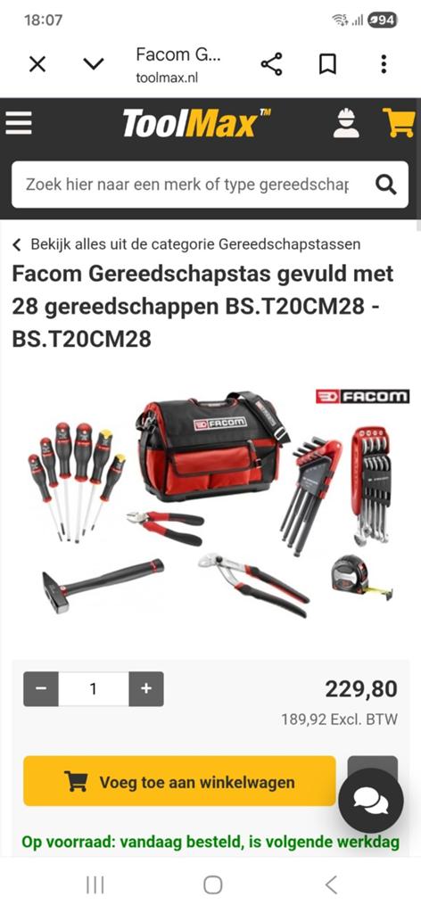 Facom gereedschapstas met gereedschap.Nieuw!!!, Doe-het-zelf en Verbouw, Gereedschapskisten, Ophalen of Verzenden, Nieuw