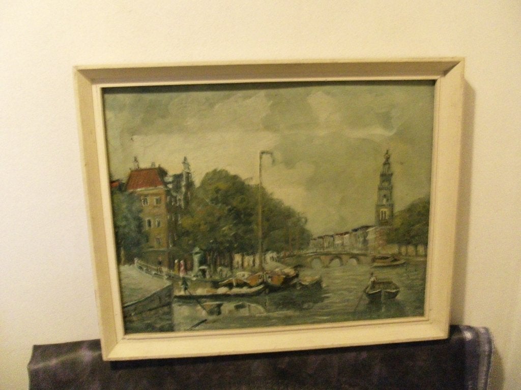 oud olieverf schilderij Martini of Westertoren(?) aan water, Ophalen of Verzenden