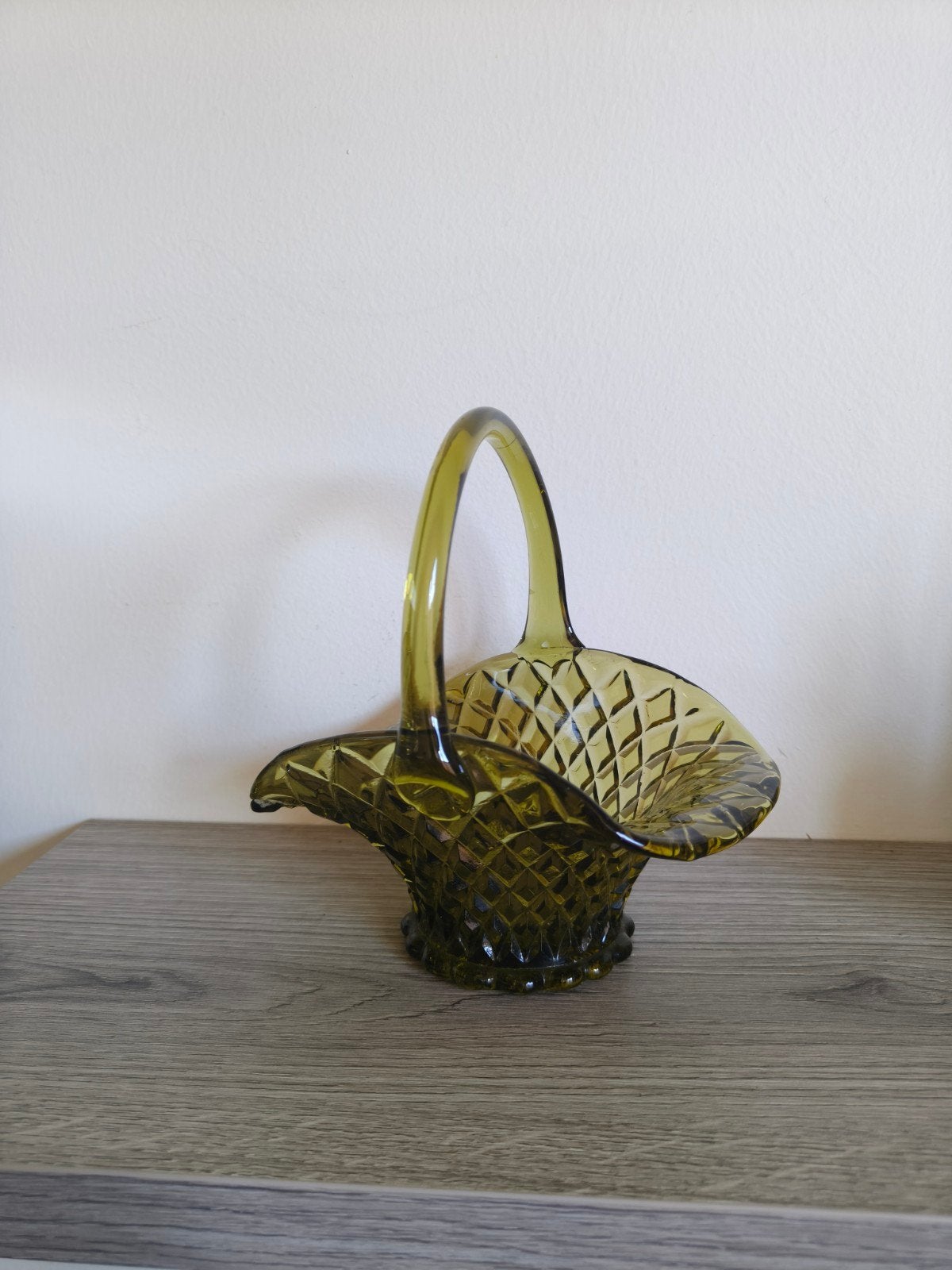 Vintage Groene Glazen Mand met Handvat, Ophalen of Verzenden