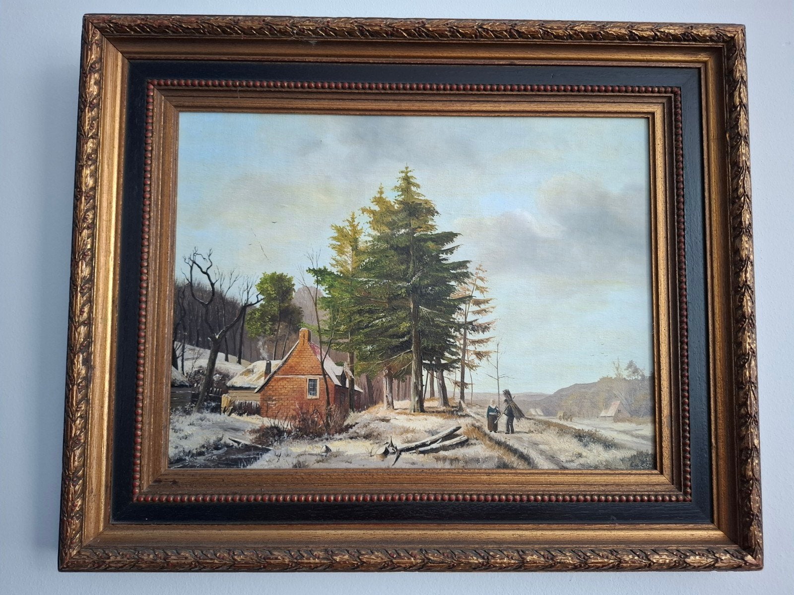olieverf schilderij antiek winterlandschsp gesigneerd, Ophalen, Doek, Gesigneerd, Landschap