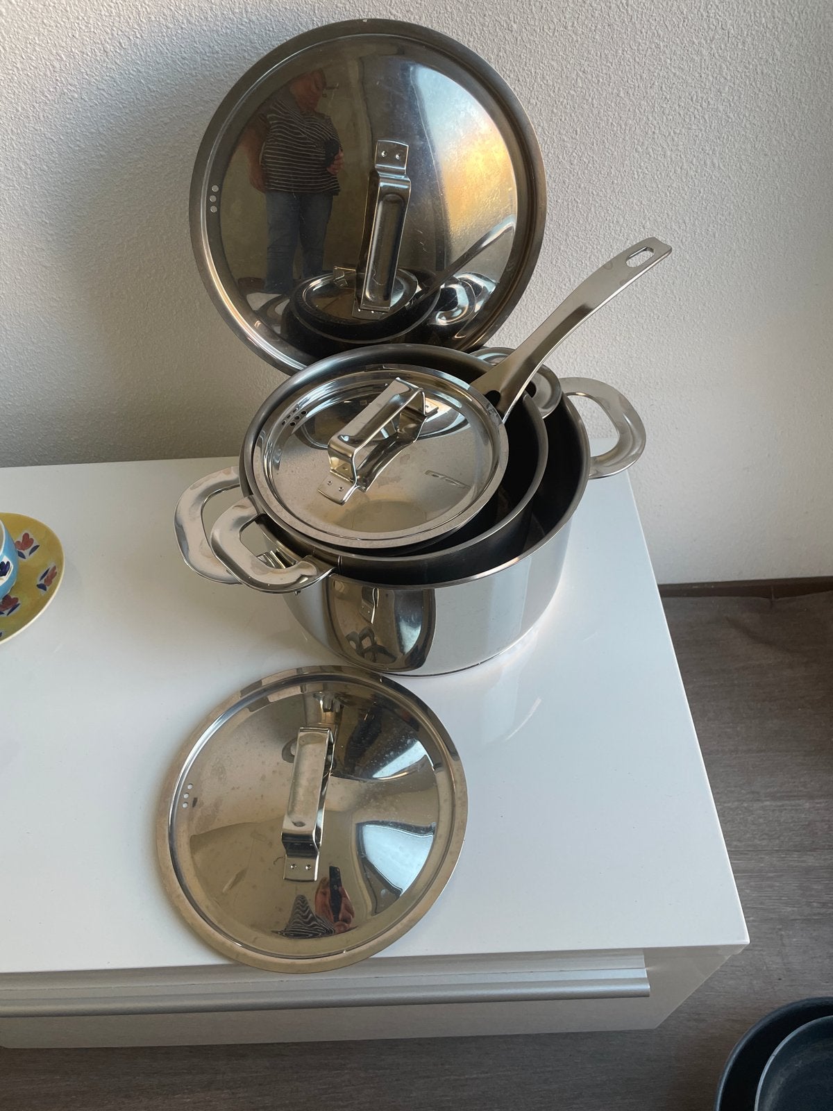 Roestvrijstalen pannenset met deksels, Ophalen, Gebruikt, Met deksel, Pannenset