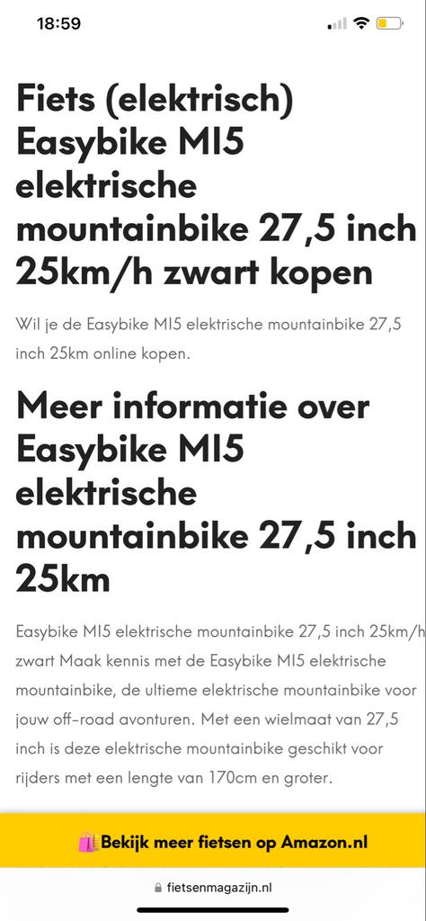 Easybike MI5 elektrische mountainbike 27,5 inch 25km/u zwart, Overige merken, Nieuw, Ophalen of Verzenden, 55 tot 59 cm