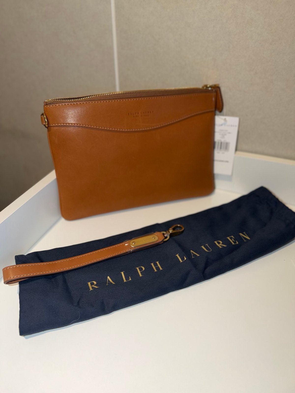 Ralph Lauren Leren Clutch / Toilettas - Nieuw met kaartjes, Ophalen of Verzenden, Nieuw, Bruin, Avondtasje