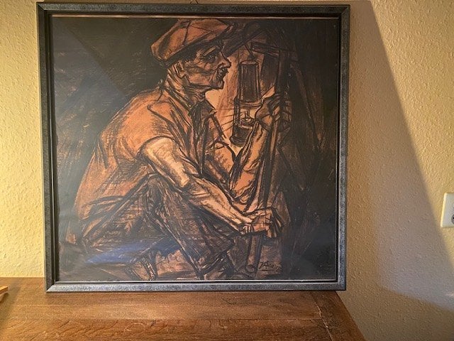 Mijnwerker met lamp - Gesigneerde Lithografie uit 1915, Antiek en Kunst, Ophalen, Portret en Figuren, Lithografie, Gesigneerd
