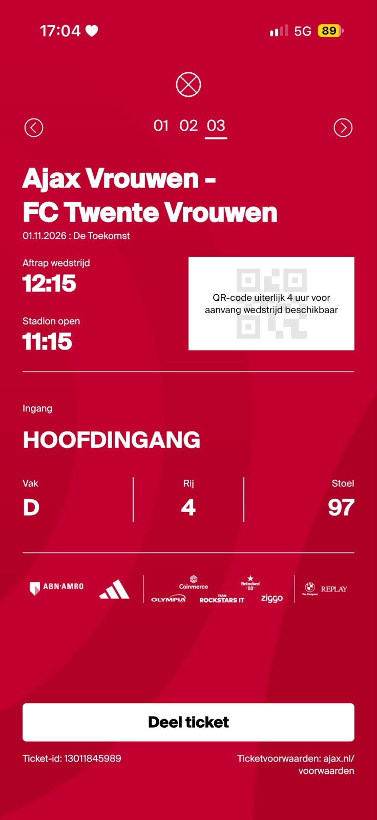 3 kaartjes voor ajax (w) tegen twente (w) op 1 november a.s, Tickets en Kaartjes, Losse kaart, Drie personen of meer, November