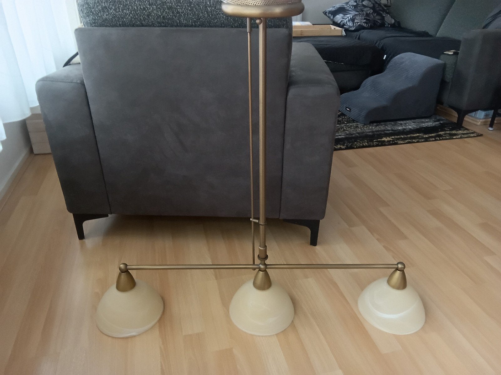 hanglamp met 3 glazen lampenkappen, Ophalen, Gebruikt, Glas, E27 (groot)