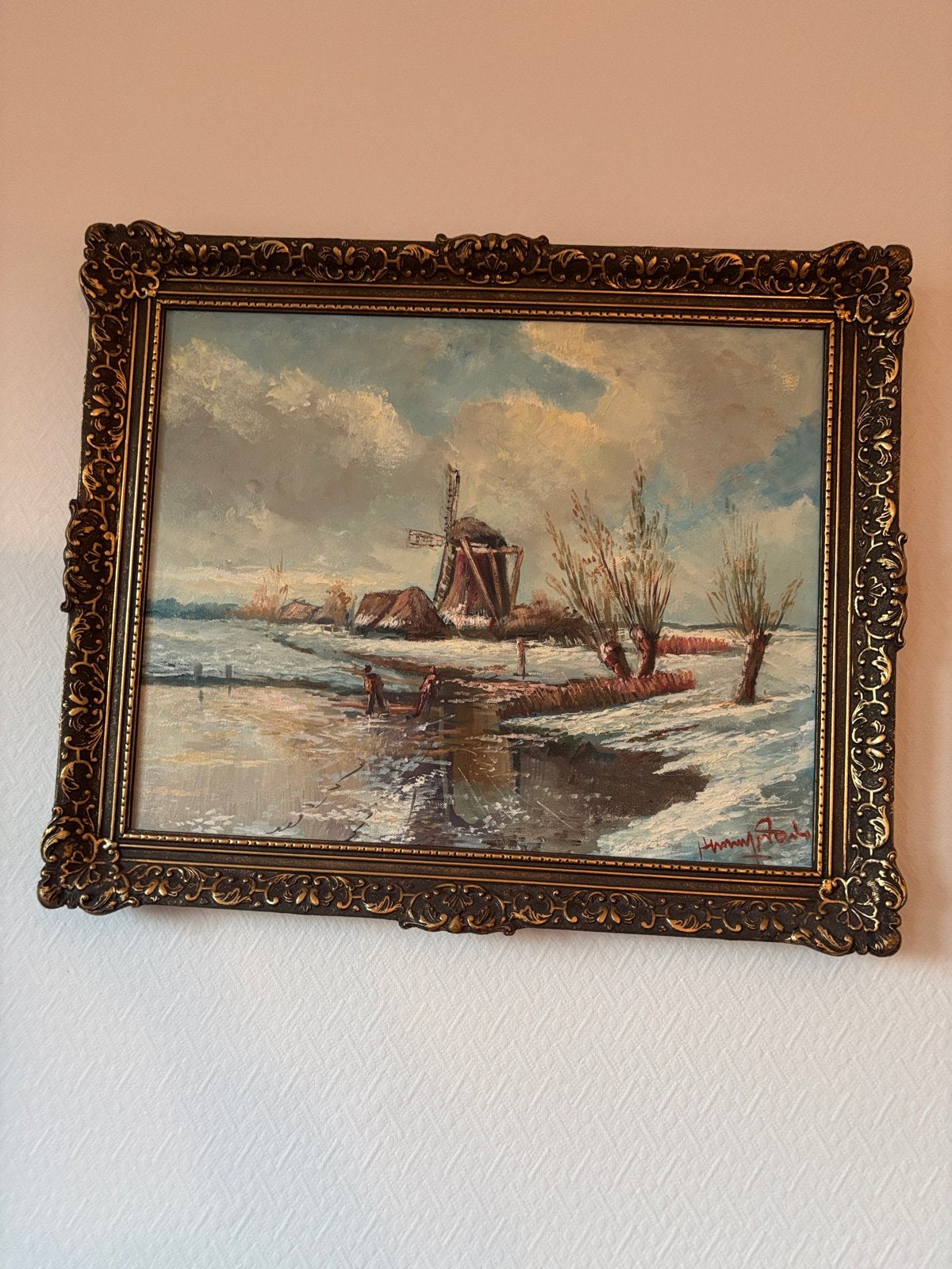Schilderij Winterlandschap met Molen en Schaatsers, Antiek en Kunst, Ophalen, Doek, Gesigneerd, Landschap