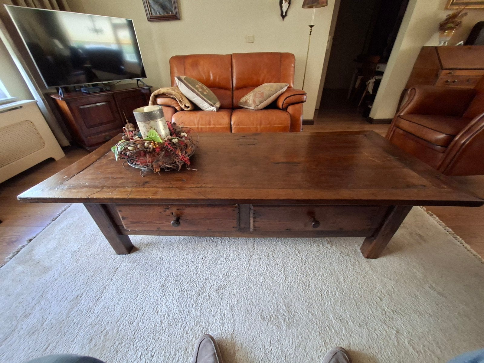 Robuuste houten salontafel met lades - 170x70 cm, Ophalen, Gebruikt, 50 tot 100 cm, 150 tot 200 cm