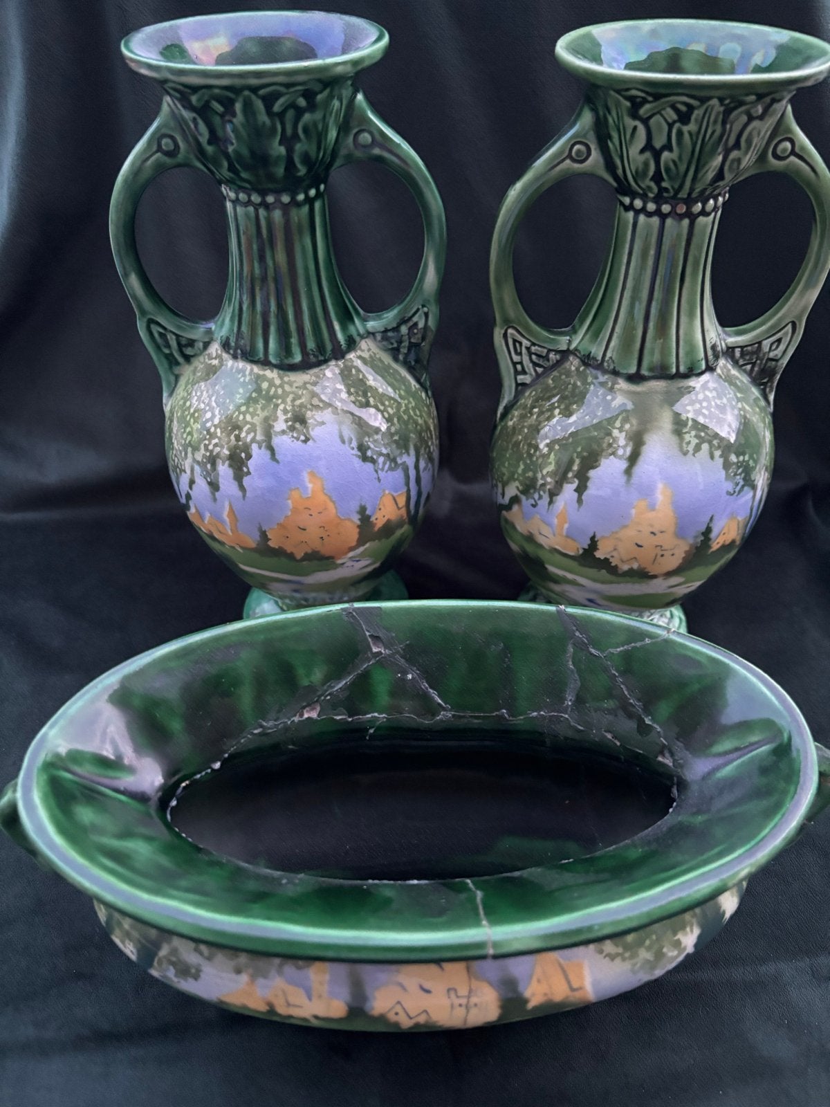 Vintage Keramische Kast Set Jugendstil Groen/Paars, Ophalen
