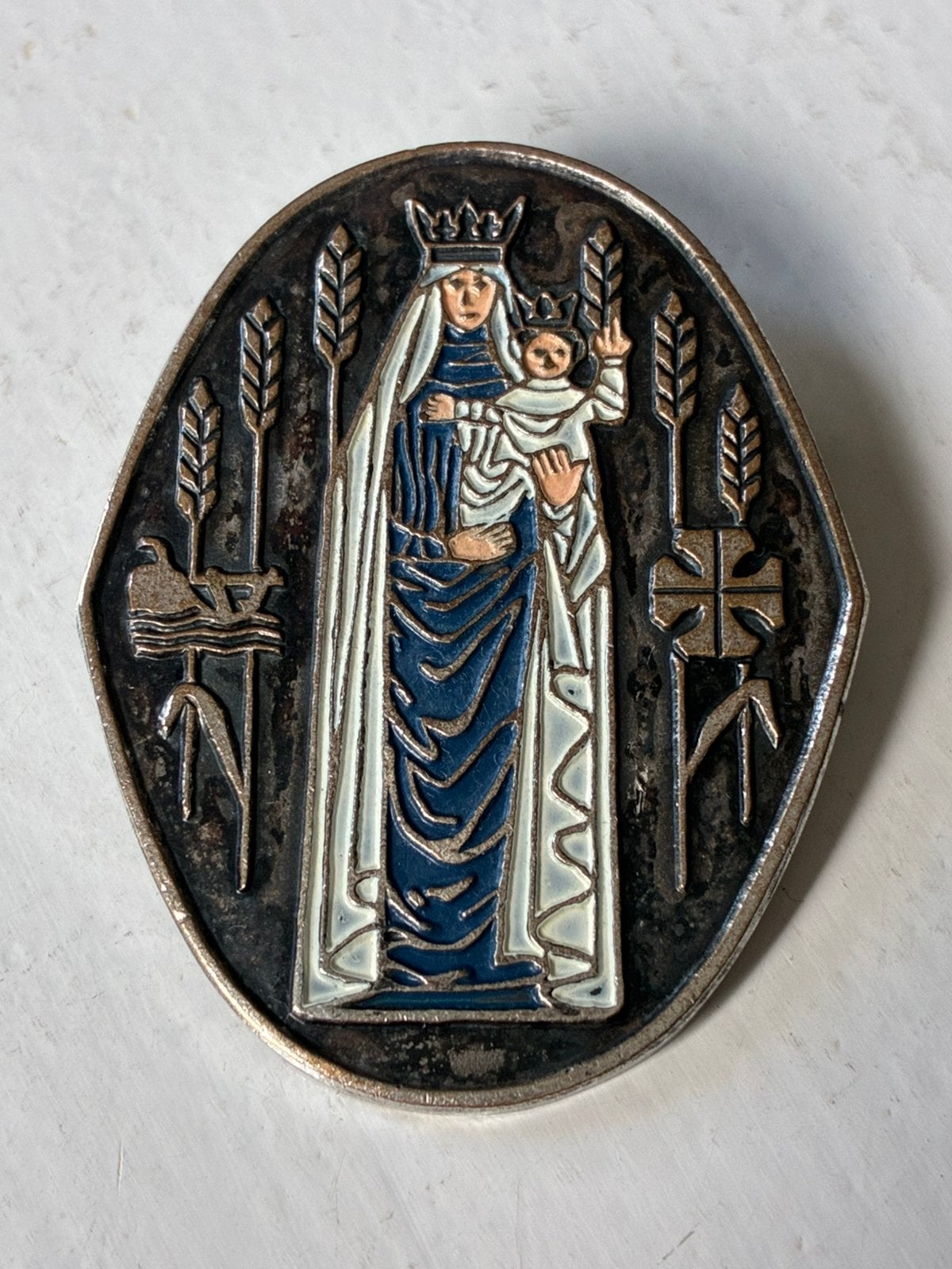 Broche Medaillon Frans Madonna met kind emaille vintage, Verzamelen, Ophalen of Verzenden, Gebruikt