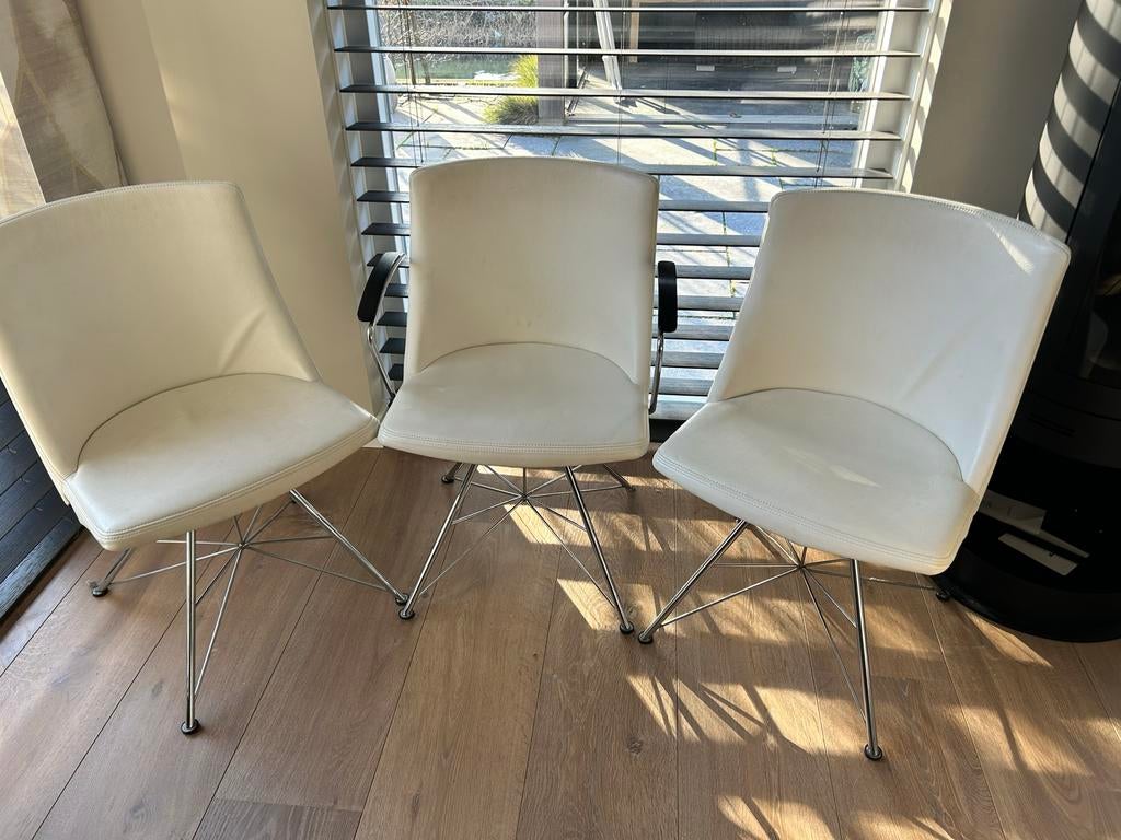 Set van 6 Piet Boon design leren eetkamer stoelen, Gebruikt, Wit, Leer, Ophalen of Verzenden