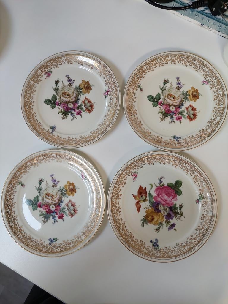 4 Weimar Teresia Borden met Gouden Rand - Bloemenmotief, Antiek en Kunst, Ophalen of Verzenden