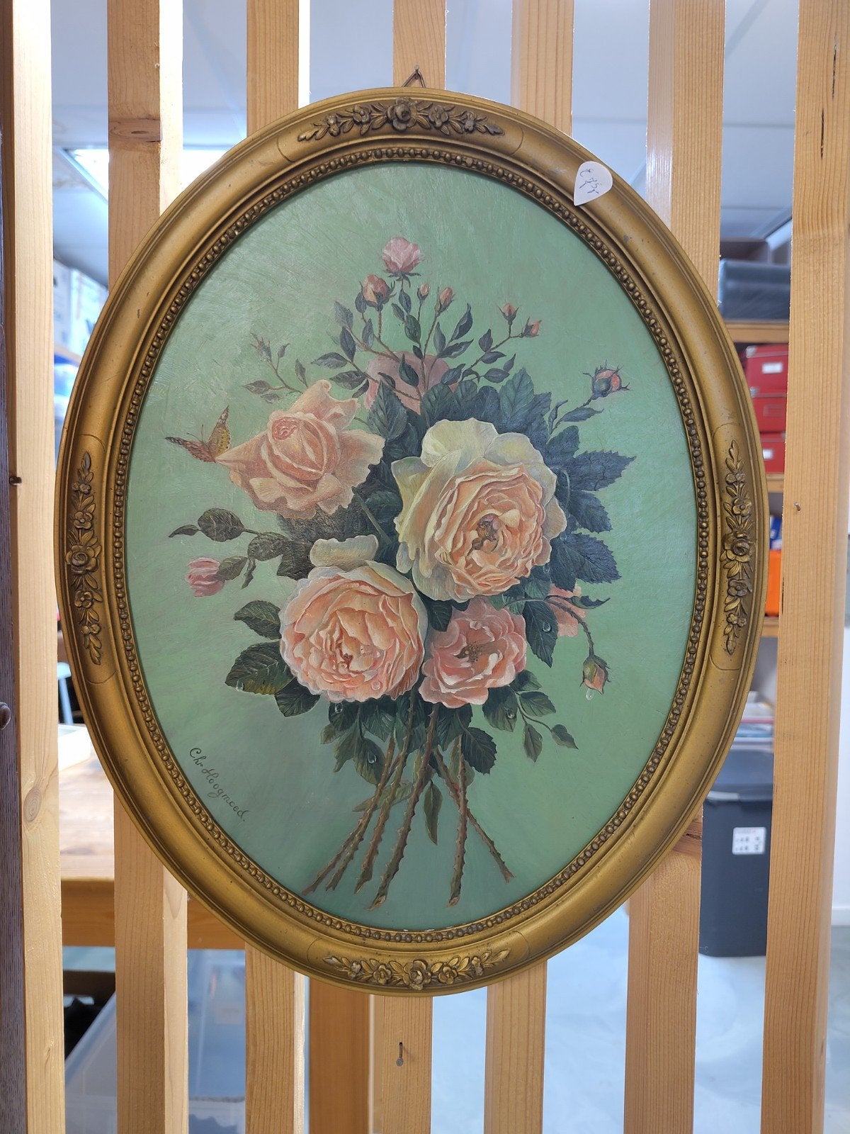 Schilderij van rozen in goudkleurige lijst - Chr Hoogmoed, Antiek en Kunst, Kunst | Schilderijen | Klassiek, Ophalen
