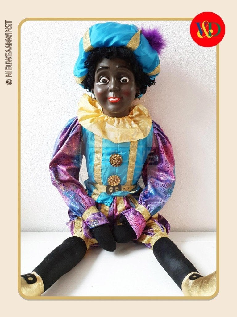 Nostalgische V&D etalage Piet pop - blauw/paars - 85cm, Diversen, Verzenden, Zo goed als nieuw