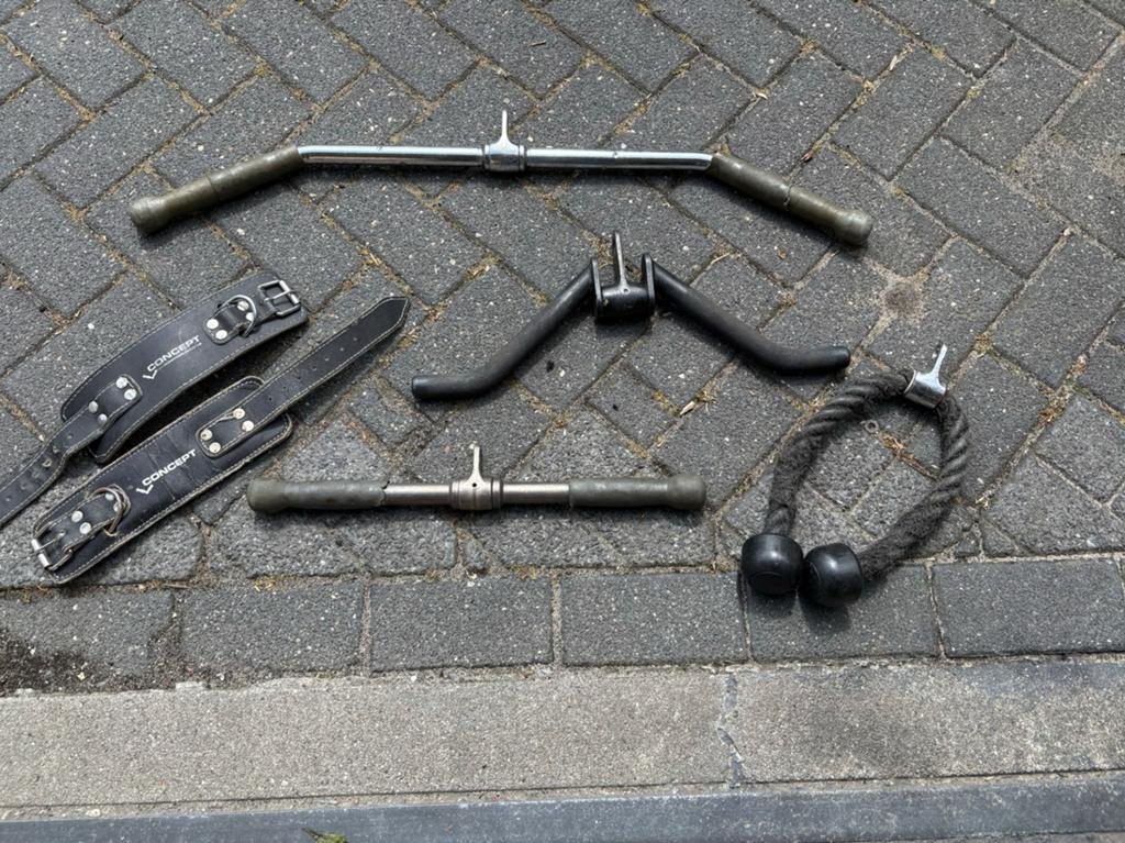 Lat pull pully accessoires ( set nr 3 ), Sport en Fitness, Fitnessmaterialen, Gebruikt, Set nr 3, Accessoires, Overige typen