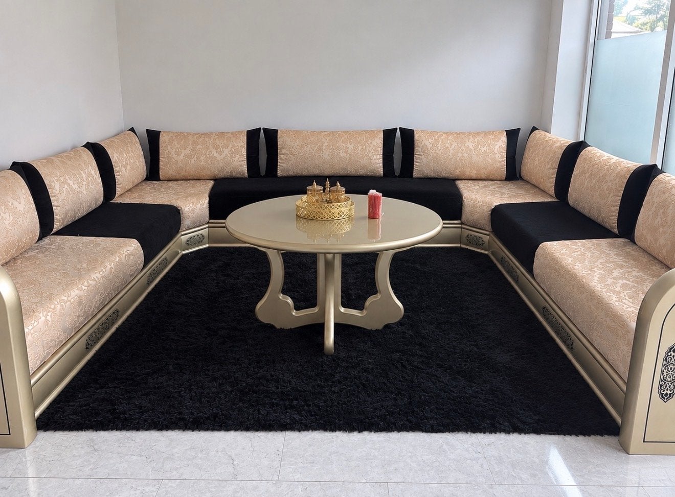 Luxe Marokkaanse Salonbank - Zwart & Goud, Ophalen, Zo goed als nieuw, Stof