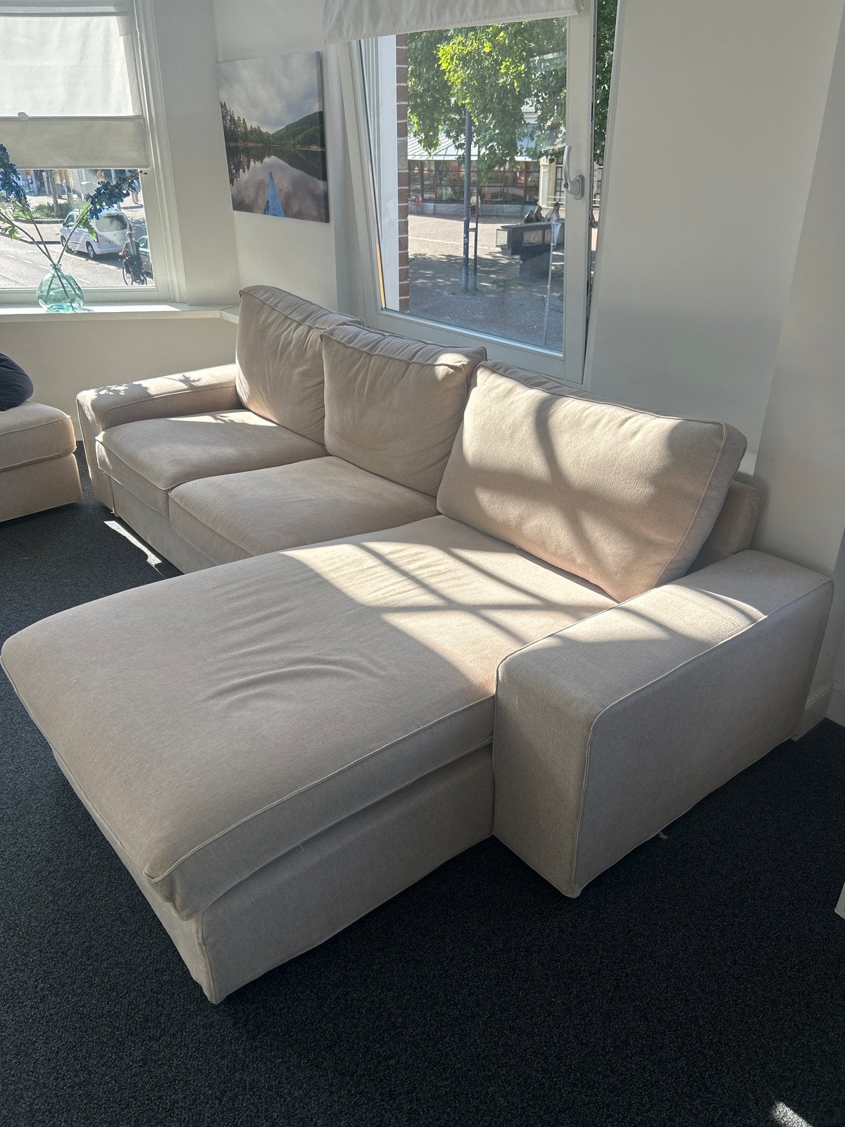 Hoekbank met ligdeel en bedbank fauteuil, Ophalen, 250 tot 300 cm, Gebruikt, Hoekbank