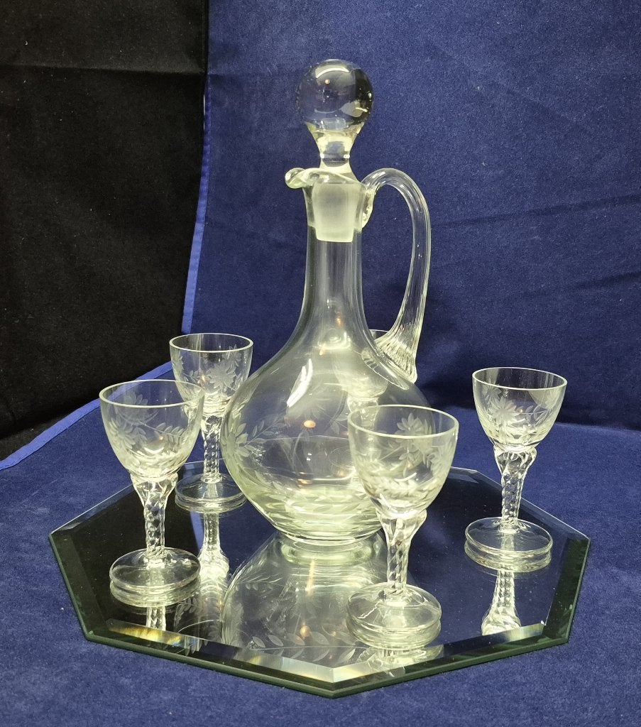 Vintage glazen karaf met 5 glaasjes op spiegel, Antiek en Kunst, Ophalen of Verzenden