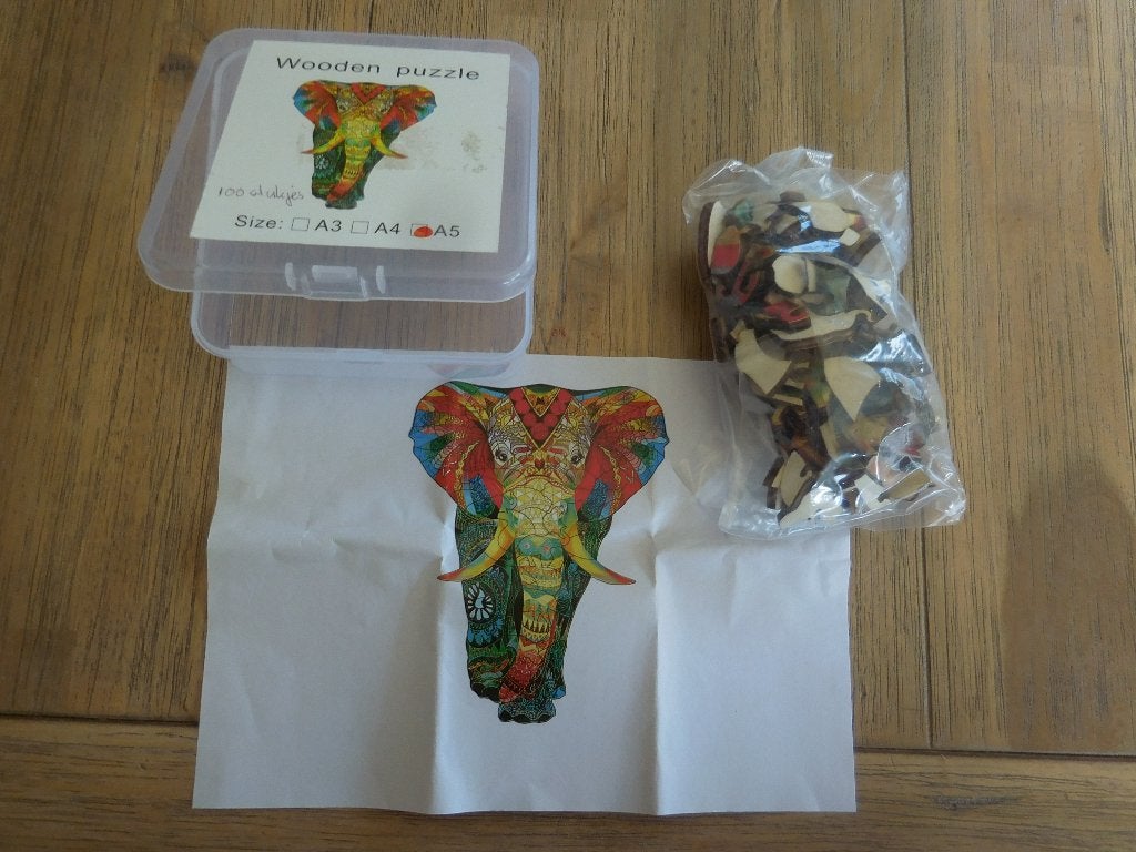 Wooden puzzel. Olifant. 100 stukjes. Maat A5., Ophalen of Verzenden, Minder dan 500 stukjes, Zo goed als nieuw, Legpuzzel