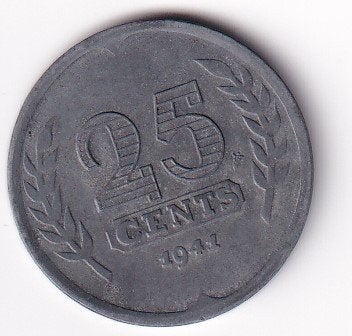 25 Cent 1941  Zeer  Mooi     zink, Postzegels en Munten, Verzenden, Koningin Wilhelmina, 25 cent, Losse munt