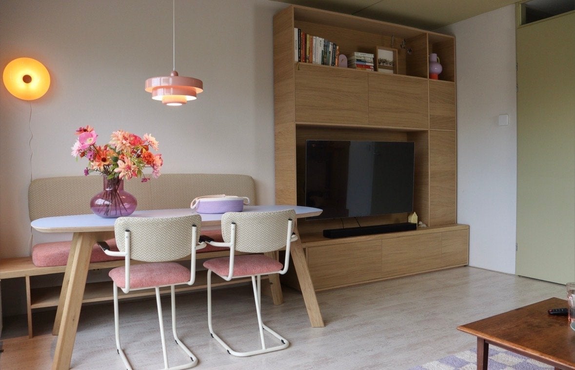 Maatwerk TV-kast eiken fineer, Ophalen, Gebruikt, 200 cm of meer, Eikenhout