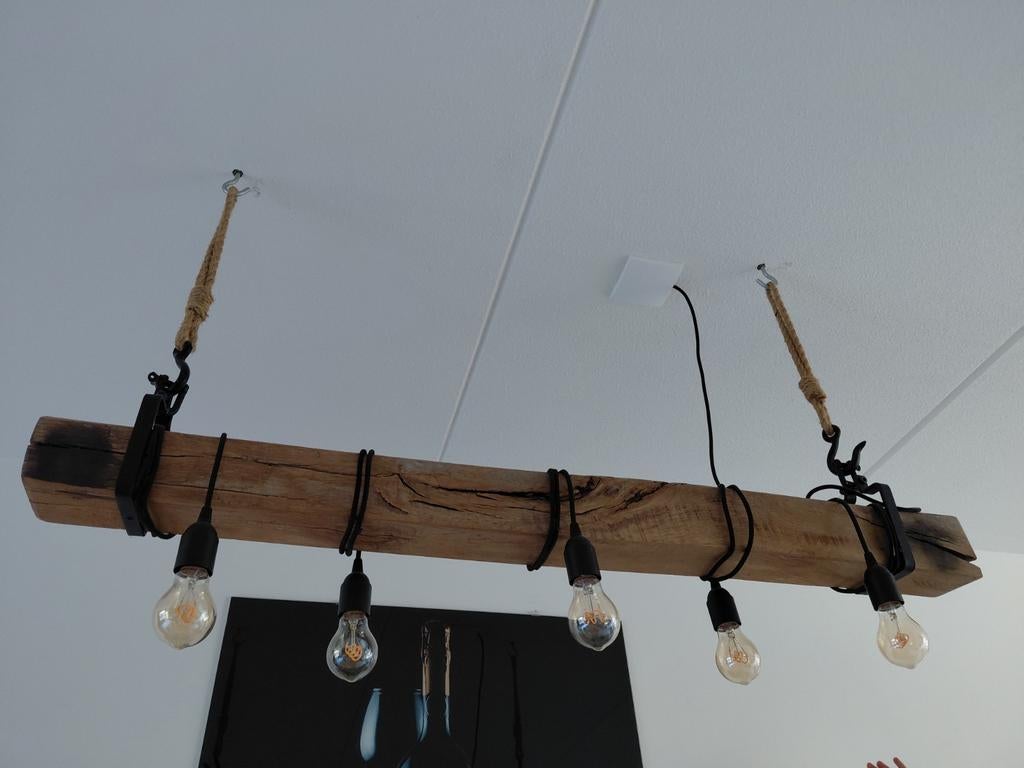 Rustieke houten balk lamp met Edison gloeilampen, Ophalen of Verzenden, Zo goed als nieuw, 75 cm of meer, Rustiek, Industrieel, Landelijk