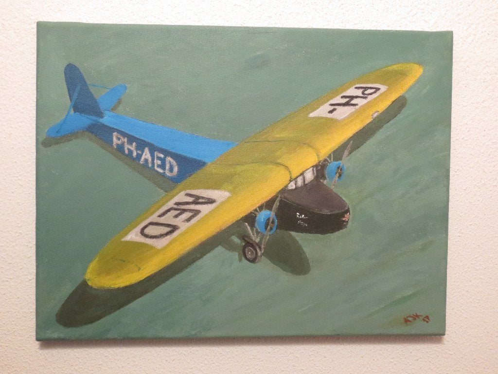 Unicum - Schilderij van vliegtuig - Fokker VIII (1927), Antiek en Kunst, Kunst | Schilderijen | Modern, Voertuigen, Acrylverf