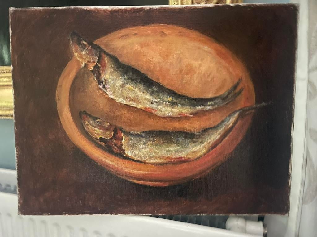 Gave makreeltjes op een bord, olie op doek, Ophalen of Verzenden